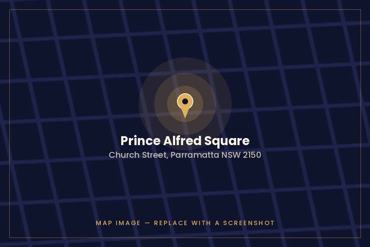 Map showing the location of Prince Alfred Square, Church Street, Parramatta NSW 2150